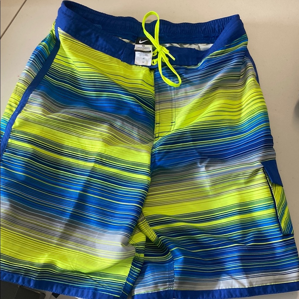 Nike Men's Striped Blue and Neon Yellow Swim Shorts